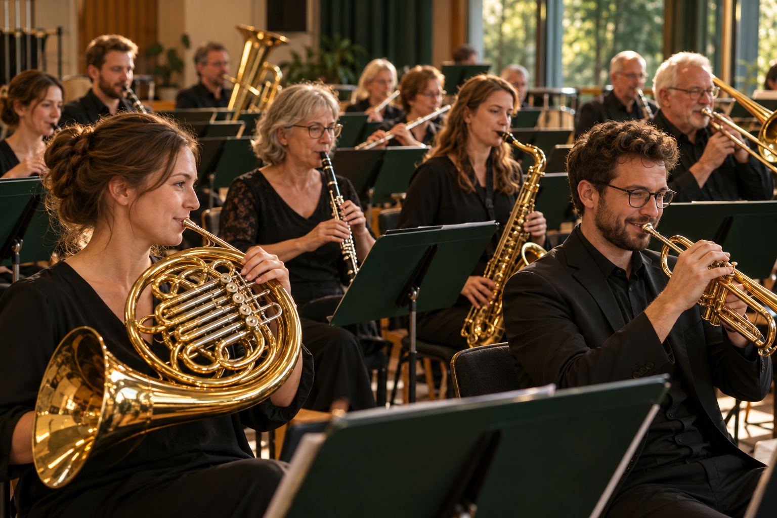Illustrative Orchesteraufnahme mit Blasinstrumenten